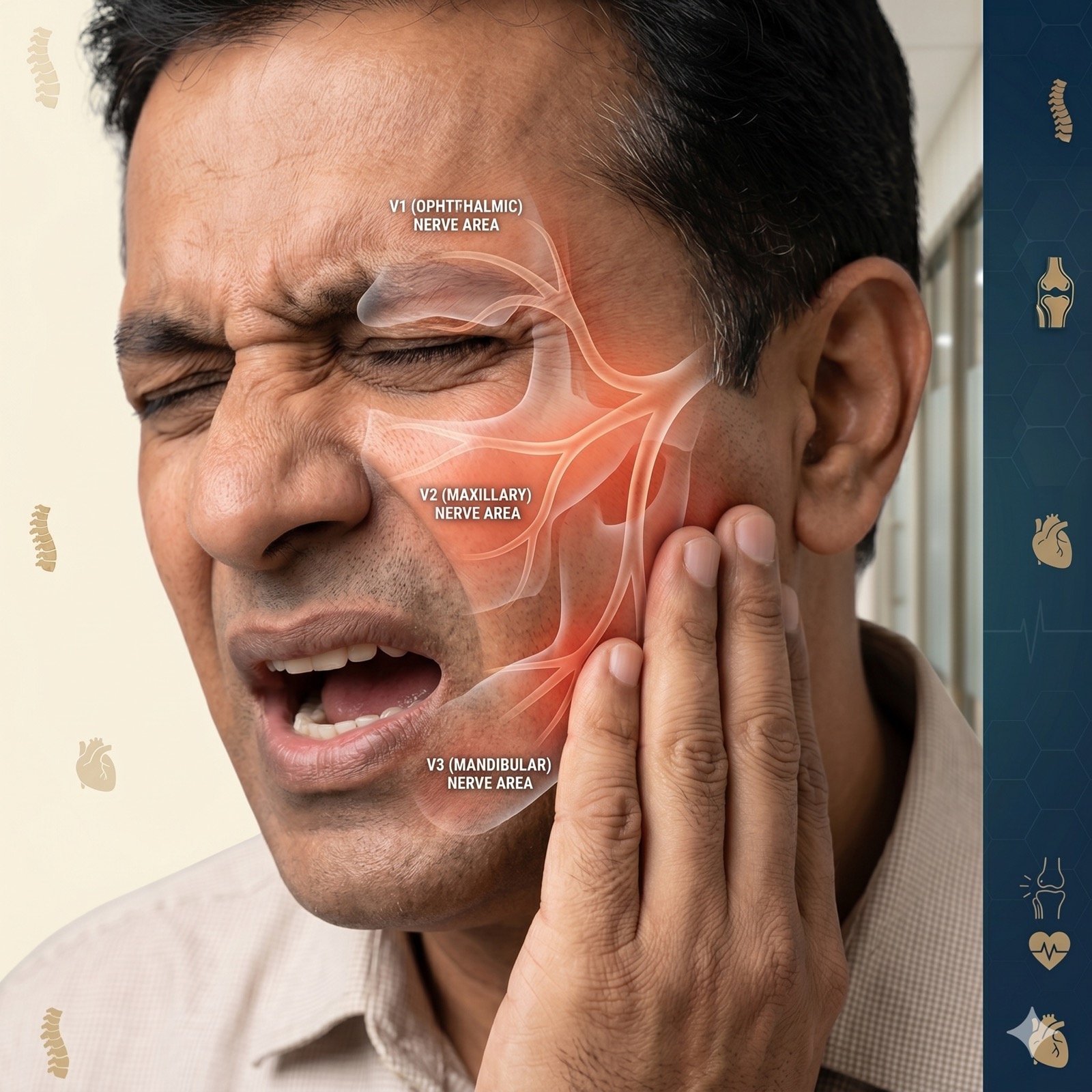 Trigeminal neuralgia facial pain V1 V2 V3 nerve areas illustration in Jaipur